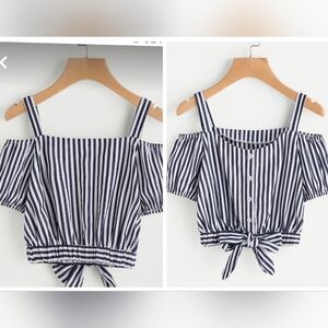 2/$15 Women's Boho Striped Print Off Shoulder Short Sleeve Tie Front shirt